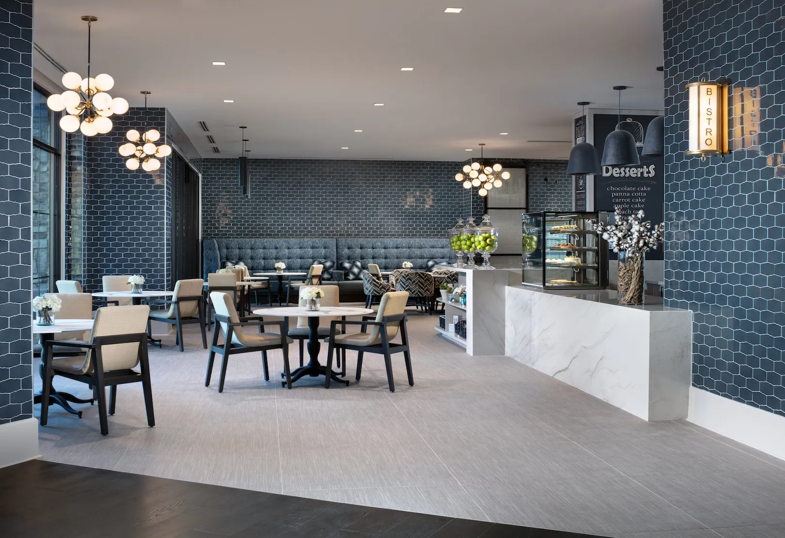 modern bistro with blue tile walls
